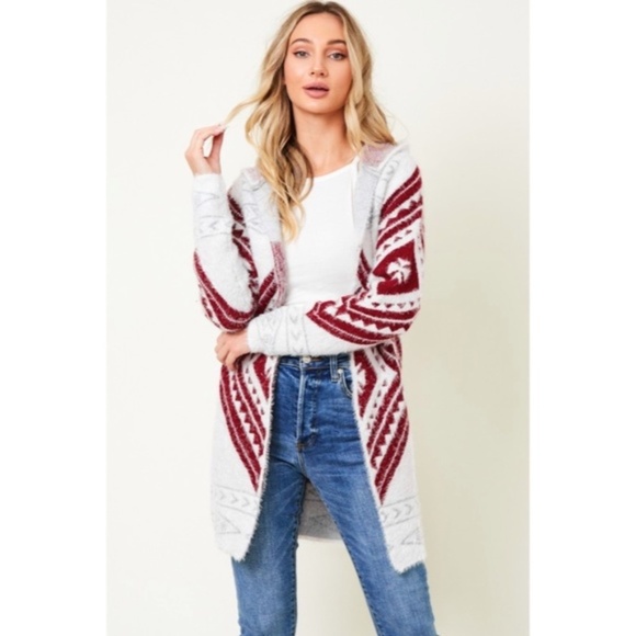 Wine Fuzzy Soft Knit Long Sleeve Aztec Tribal Native Western Cardigan Sweater - Picture 6 of 9